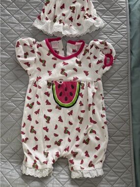 White Baby Girls Watermelon Print Romper with Matching Hat